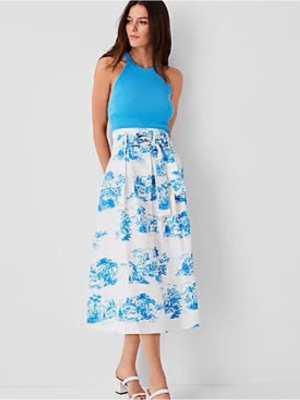 Ann Taylor White Midi Skirt with Blue Floral Motif